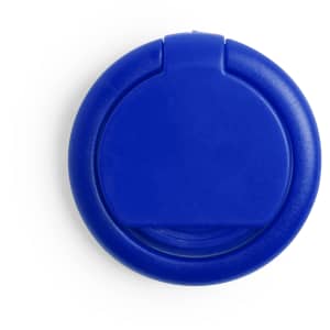 A blue circular phone stand with a flat top and a slight lip for stability. It features a logo.