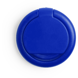 A round blue phone stand with a smooth surface and a small tab for adjustment. It has a logo on it.