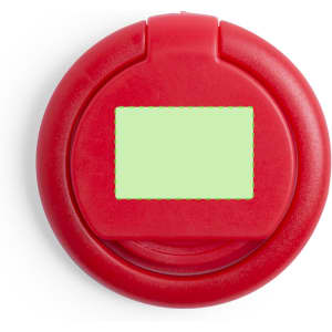 A red phone holder with a flat surface on top, featuring a logo.