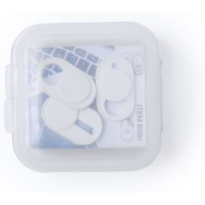 A set of white webcam covers in a transparent case, featuring various sizes for different devices.