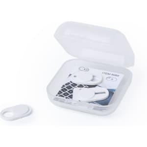 A white Pembol webcam cover in a clear packaging case, with a small additional cover beside it.