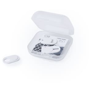 A white webcam cover in a clear case, accompanied by a personalised image of the product inside.