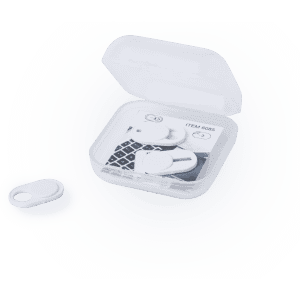 A white webcam cover in a clear case, featuring a simple design and a logo.