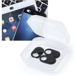 A webcam cover set in black, housed in a clear plastic case, with an image of a device featuring the covers.