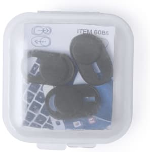 Three black webcam covers are packaged in a transparent case, with a background image of a keyboard visible.