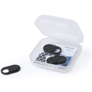 A set of black webcam covers in a clear plastic case, suitable for protecting devices.
