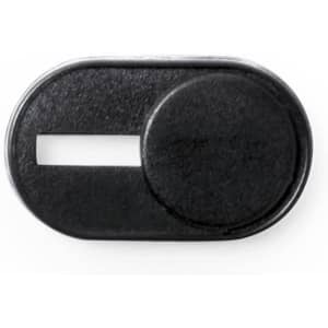 A black webcam cover featuring a sliding mechanism, with a small circular tab and a rectangular opening.