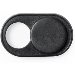 A black webcam cover with a sliding mechanism, featuring a circular opening and a solid circular section.