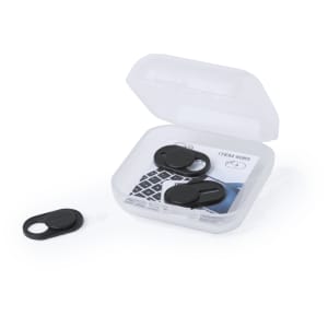 Two black webcam covers in a transparent case, with one cover placed outside the case.