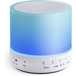 A blue and green gradient Bluetooth speaker with a mesh top and control buttons on the base. It features a logo.