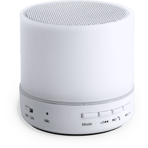 A white cylindrical speaker with buttons on the side and a mesh top for sound output.