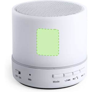 A white circular speaker with a mesh top and control buttons on the base, featuring a logo.
