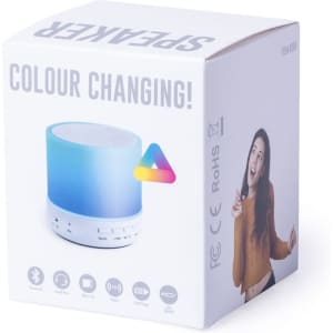 A white box featuring a blue colour-changing speaker. The box includes buttons and a logo.