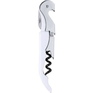 A drink bottle opener featuring a chrome and white design with a corkscrew mechanism and integrated bottle opener.