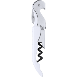 A drink bottle opener in silver and white, featuring a corkscrew and a levered design. It includes a logo.