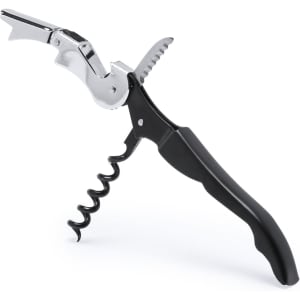 A drink bottle opener with a black handle and silver metal components, featuring a corkscrew and bottle opener design.