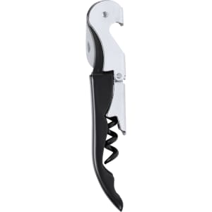A drink bottle opener with a black handle and chrome body features a corkscrew and lever design, also has a logo.