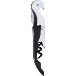 A drink bottle corkscrew opener in chrome and black, featuring a sleek design and built-in branding.