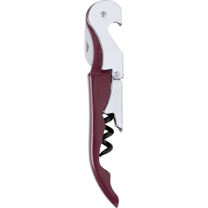 A drink bottle corkscrew opener with a chrome finish and a burgundy handle, featuring a logo.