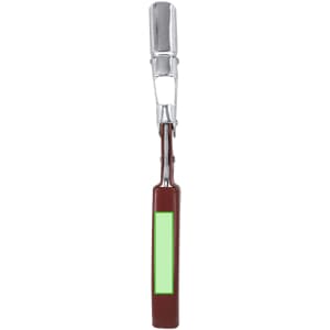A drink bottle opener featuring a silver metal lever and a brown handle with a green section, including a branding logo.
