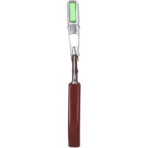 A drink bottle opener featuring a silver metal design with a brown handle and a green accent. It has a branding logo.
