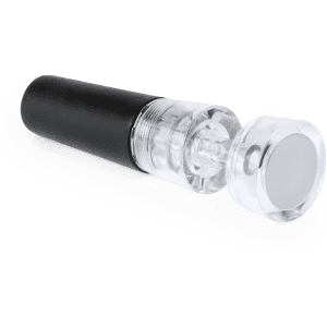 A drink bottle stopper in black and clear, featuring a sleek design with a transparent top and silver accents.