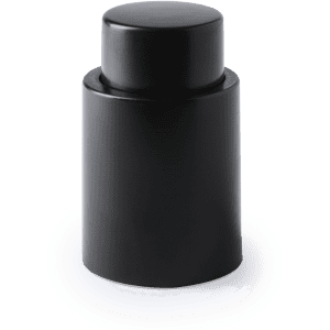 A drink bottle stopper in sleek black, featuring a simple cylindrical design and a logo on the surface.