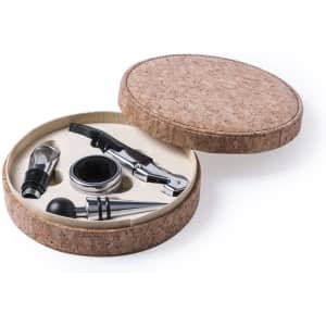 A wine set in a round cork case, featuring a corkscrew, pourer, stopper, and aerator in silver and black.
