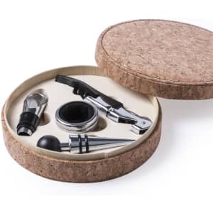 A wine set featuring a corkscrew, aerator, stopper, and pourer, presented in a round cork box.