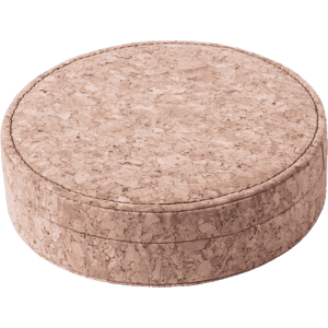 A round cork container featuring a textured surface, ideal for storing items. It has a natural, light brown colour.