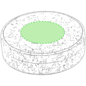 A round white drink cooler with a green centre and a textured surface, featuring a logo.