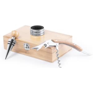 A wooden wine set featuring a corkscrew, bottle stopper, and pourer, all presented in a stylish bamboo box.
