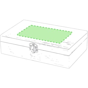 A wooden box with a clasp, featuring a green rectangular area on the lid.