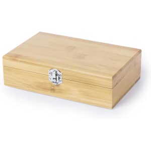 A bamboo box featuring a silver clasp, suitable for storing wine or cheese-related items.