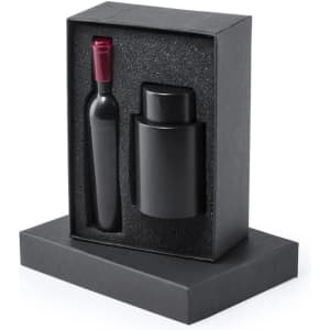 A wine set in a sleek black box, featuring a wine bottle with a red cap and a matching black wine cooler.