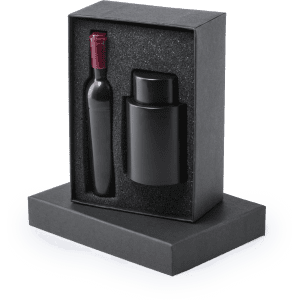 A wine set in a black box featuring a wine bottle with a red cap and a matching flask.