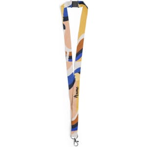 A lanyard featuring a vibrant design in blue, orange, and white, with a clip for attaching cards or badges.