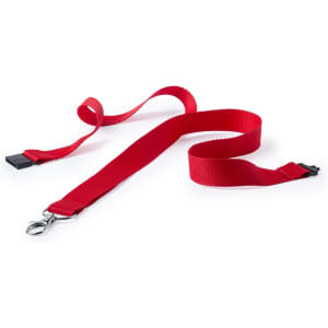 A red lanyard with metal clips and connectors, designed for holding ID cards or badges.