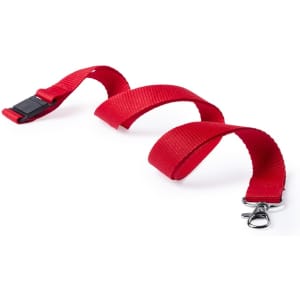 A red lanyard featuring a clip and buckle, designed for events and exhibitions, with a sturdy strap.