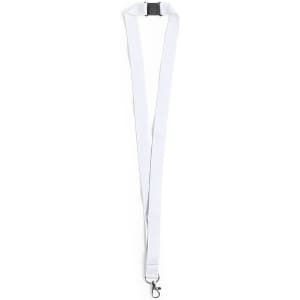 A white lanyard with a clip attachment and a buckle for adjustment, featuring a branding logo.