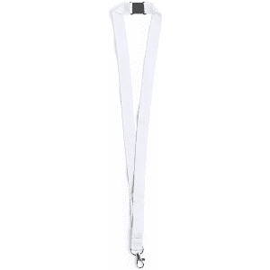 A white lanyard with a clip at the end and an adjustable clasp in the middle. Features a logo.