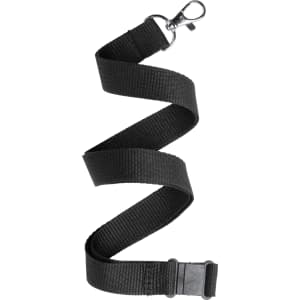 A black woven lanyard with a clip and fastening buckle, designed for holding ID cards or badges.