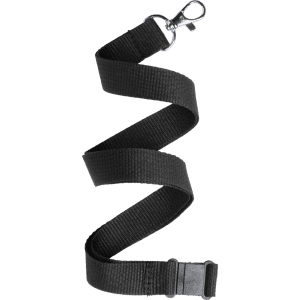A black lanyard made of durable fabric with a clip and buckle. Features a simple and practical design.