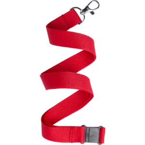 A red lanyard with a metal clip and a plastic buckle, designed for holding items securely.