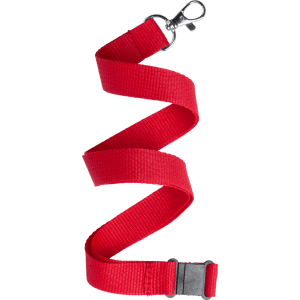 A red lanyard with a metal clip and a plastic buckle, ideal for holding ID cards or small items.