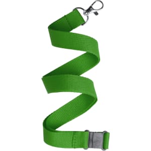 A green lanyard with a metal clip and a plastic buckle, designed for holding cards or badges.