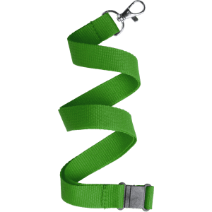 A green lanyard with a metal clip and buckle for attachments. It features a simple, sturdy design.