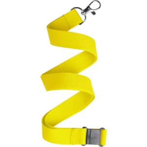 A bright yellow lanyard with a metal clip and buckle, designed for holding identification or keys.