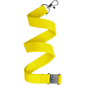 A bright yellow lanyard with a clip and a buckle for securing items. Ideal for events and exhibitions.