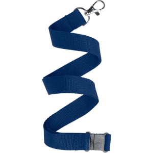 A blue lanyard with a metal clip and a plastic buckle, suitable for exhibitions and events.
